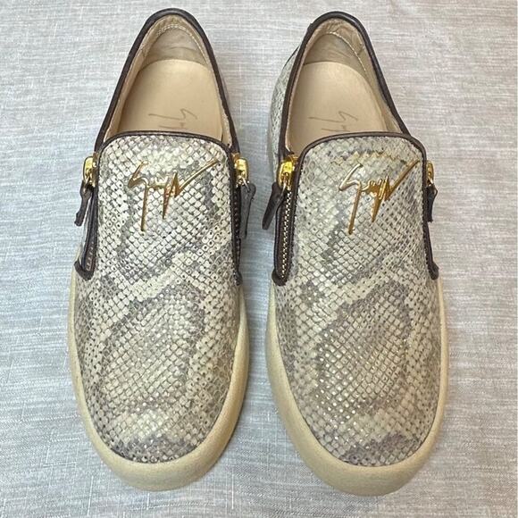 Giuseppe Zanotti Women 37.5 Python Print Low-Top Slip on Sneakers Gold Zippers - Picture 1 of 14